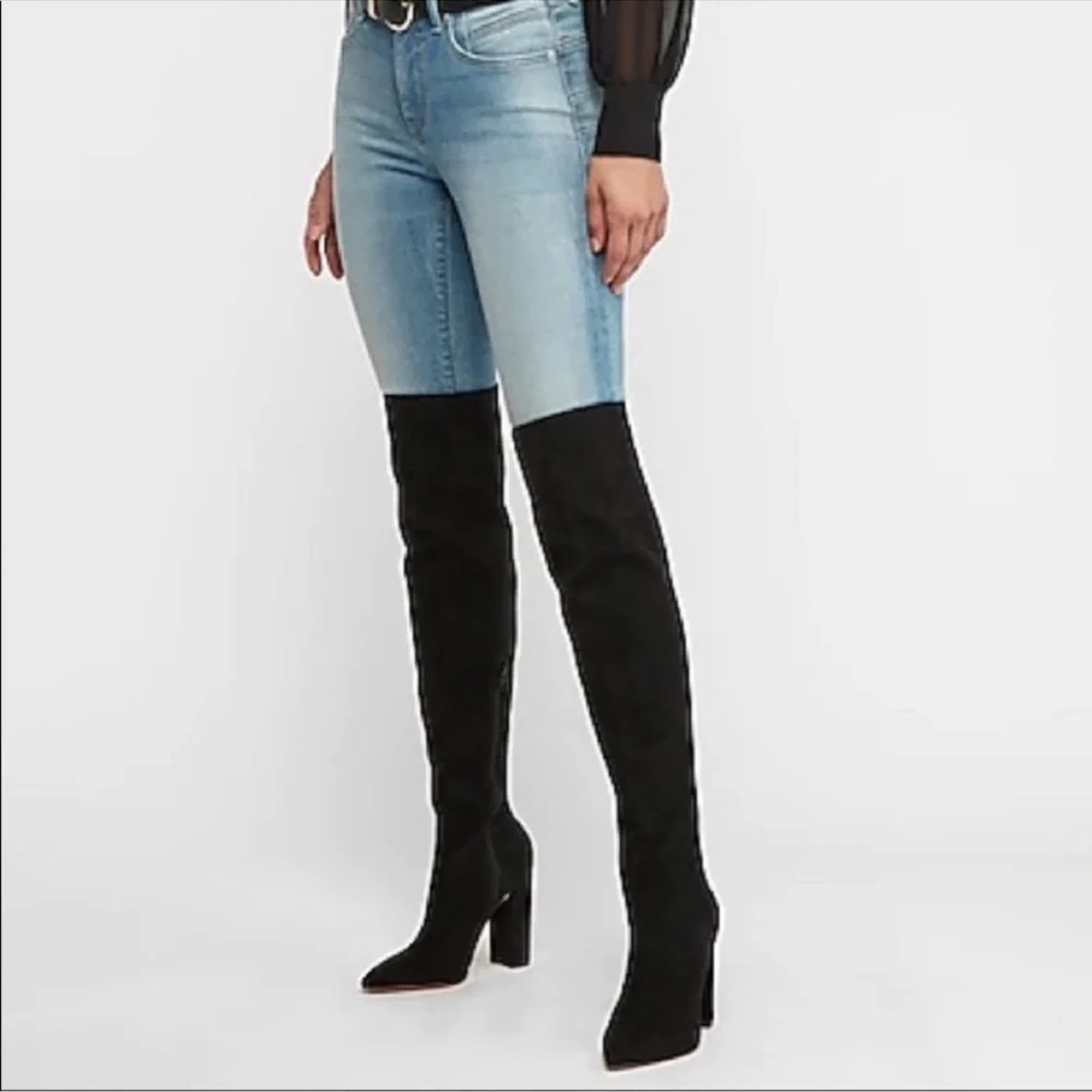 Express NWT over the knee black sock boots thigh high pointy toe chunky heel